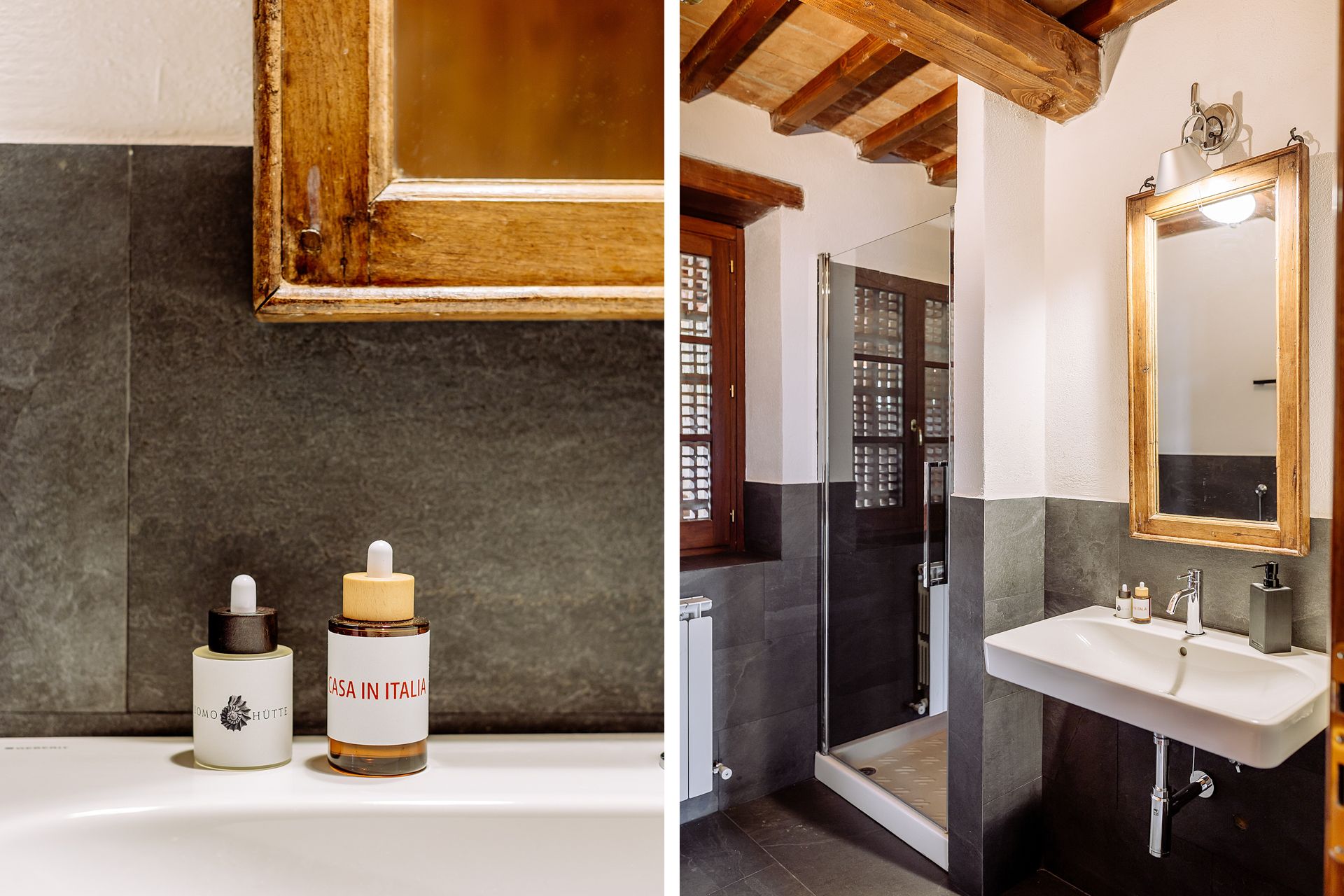 Washbasin, framed mirror and soap in the villa bathroom