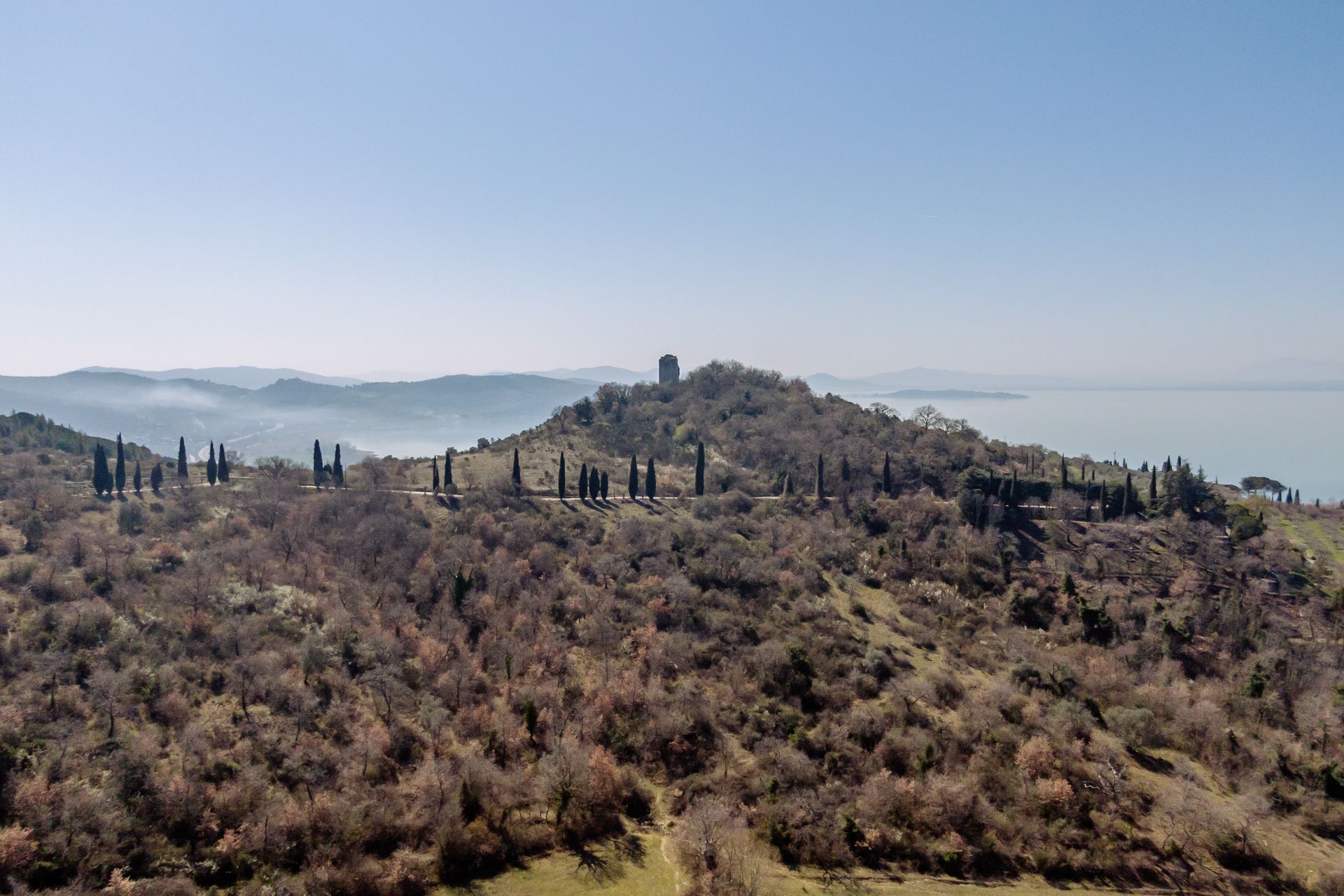 Morning mist over the Umbrian hills near Lake Trasimeno