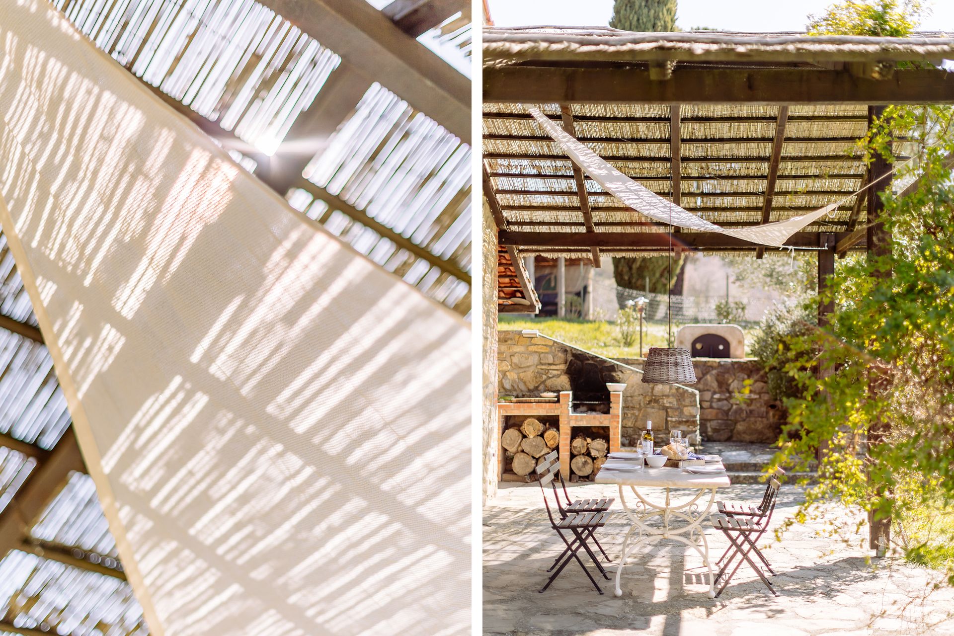 Shaded pergola with a hammock and seating for the afternoon