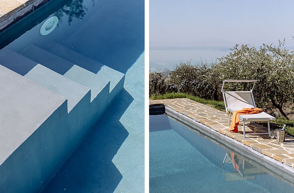 Steps leading into the pool, and a lounger in the afternoon shade