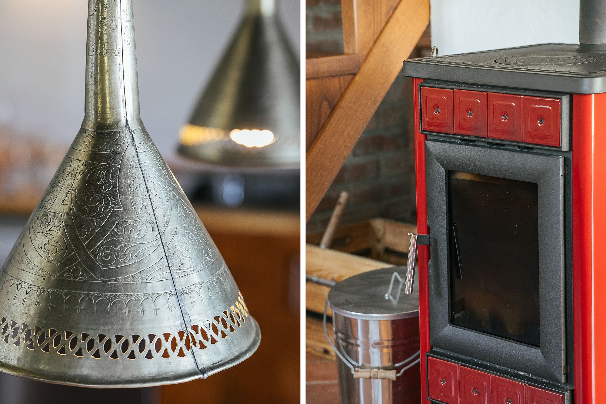 Brass kitchen lamps and the stove in the country kitchen