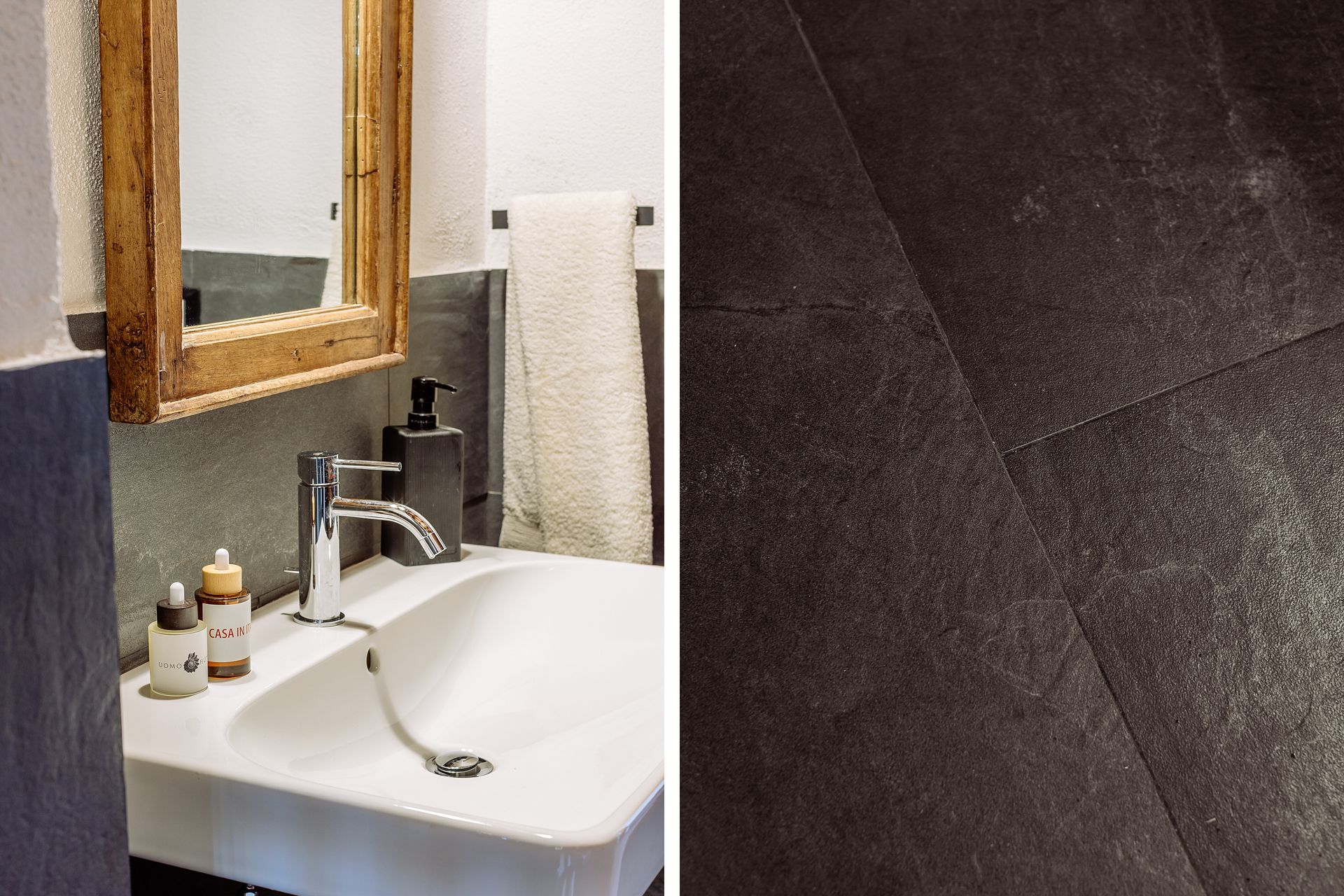 Bathroom in dark stone with a walk-in shower