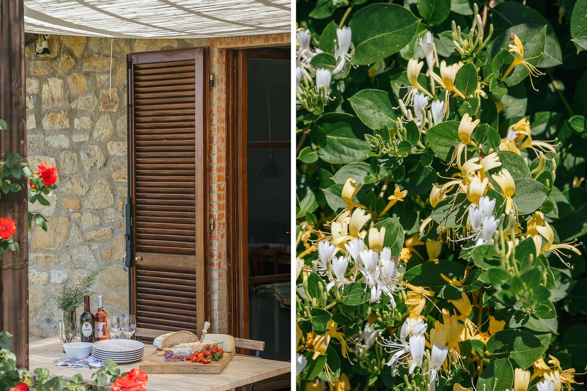 Wooden shutters and climbing flowers on the stone façade